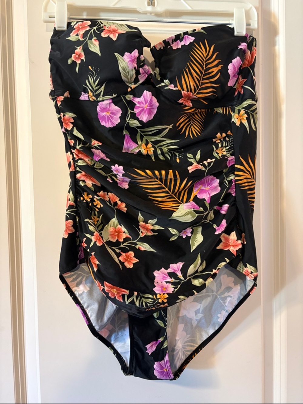 Black Floral One-Piece Swimsuit with Pink & Orange Flowers Womens L